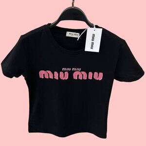 Miu Miu Women Cotton T-Shirt Crewneck Black Nwt